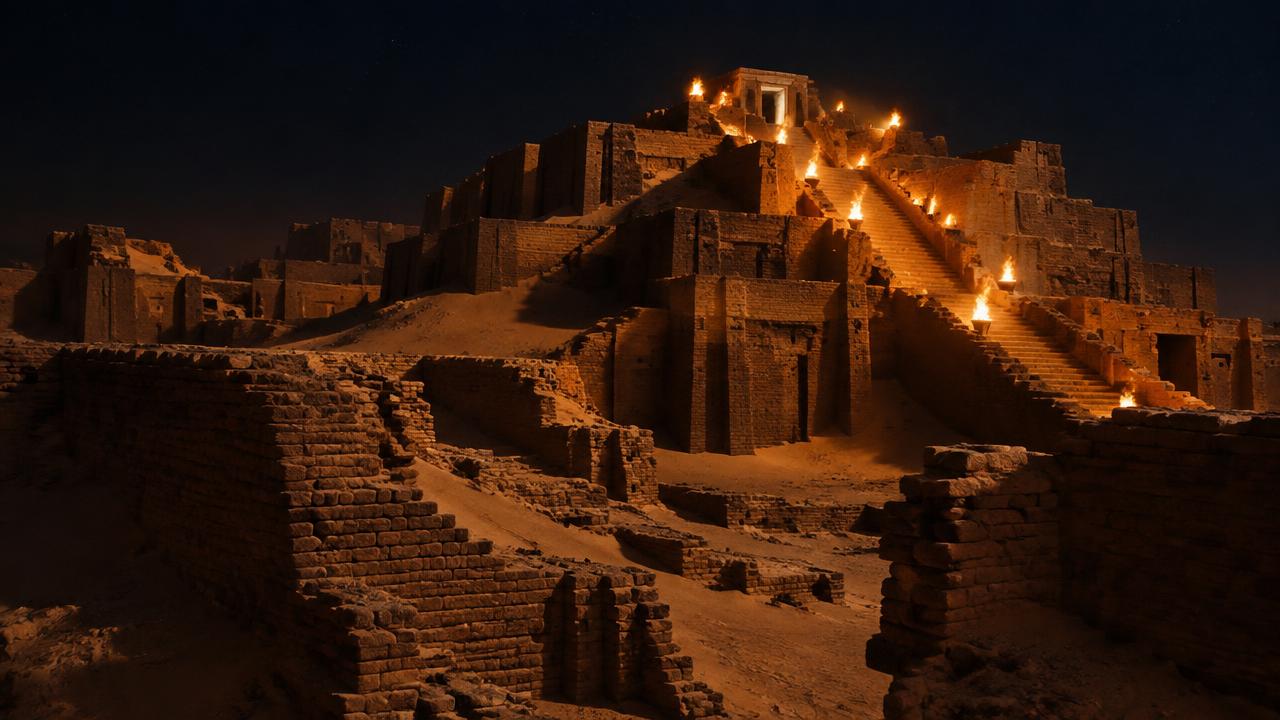 Eridu at night, lit by torchlight