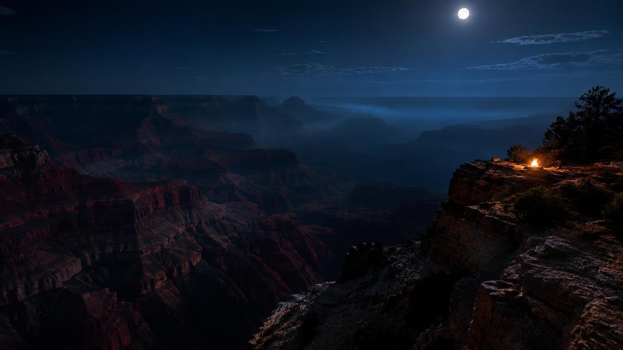 Grand Canyon at night, lit by torchlight
